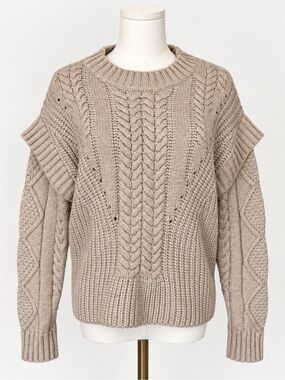 Jamison Cable Knit Ruffle Sweater XS Beige Taupe Layered Sleeve Chunky Knit